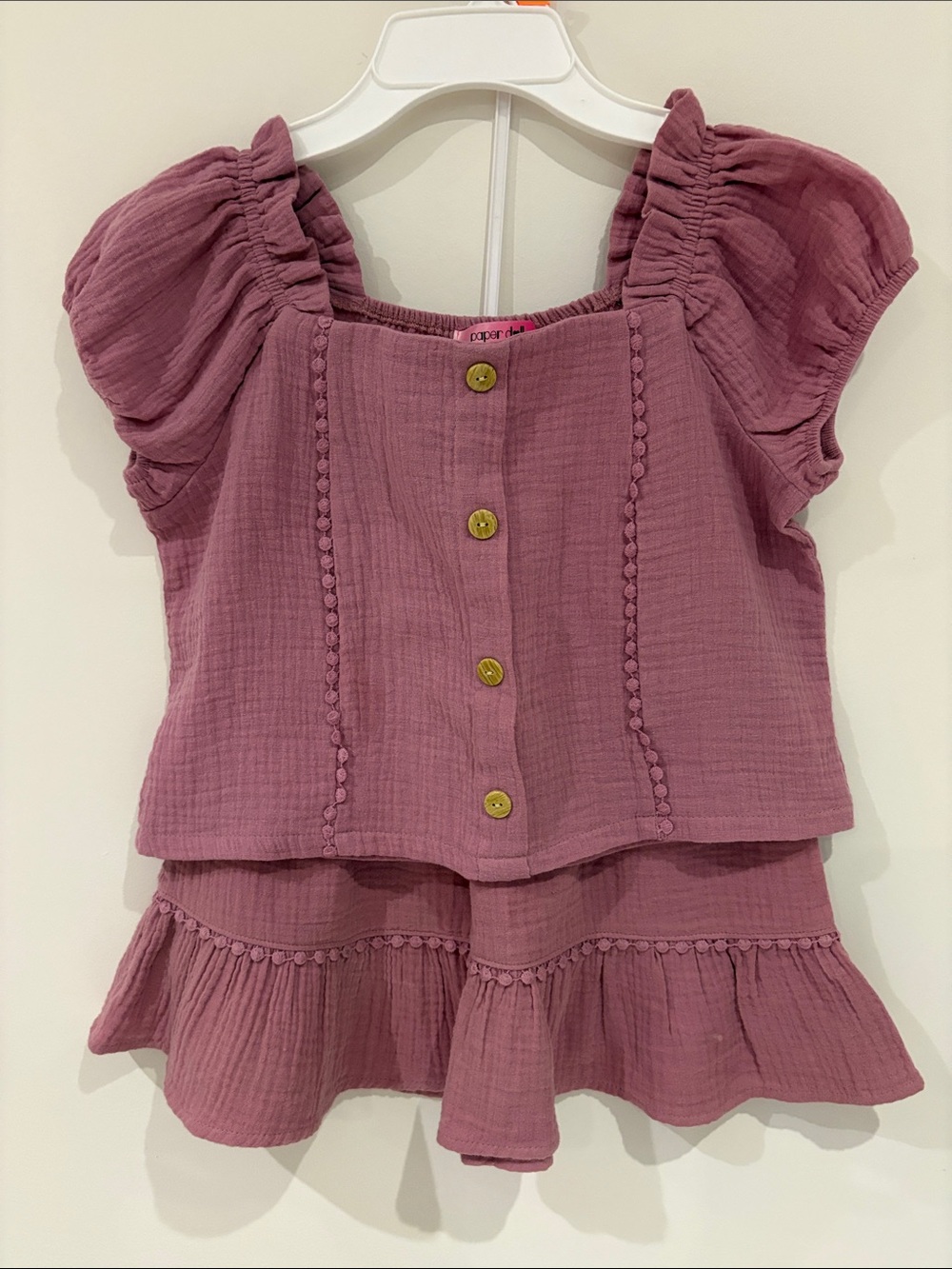 paper doll pink Two-Piece Button Front Top & Skirt Set